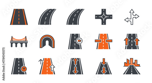 A collection of simple, stylized road and infrastructure icons. Includes straight, curved, intersecting roads, a bridge, a tunnel, and directional arrows. The color palette is grey, black, and orange