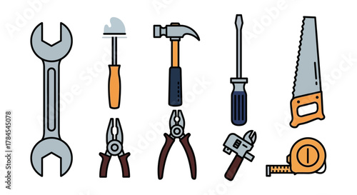 A flat illustration showcases various hand tools arranged against a white backdrop. Included are a wrench, putty knife, hammer, screwdriver, saw, pliers, adjustable wrench, & tape measure