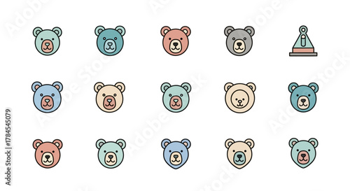 Cartoon icons depict various teddy bear faces in different pastel colors. Each bear has a round face with ears, eyes, a nose, and mouth. One icon shows a party hat