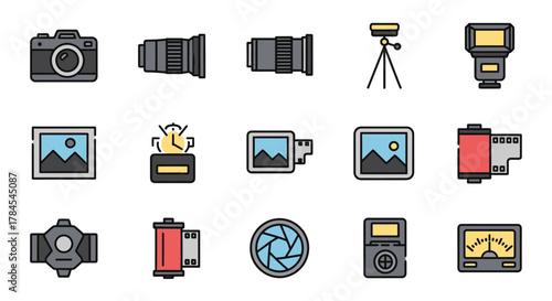 Illustrated icons of photography equipment arranged in a grid, with cameras, lenses, tripods, flashes, film rolls, and related tools. The color palette is minimalist with outlines