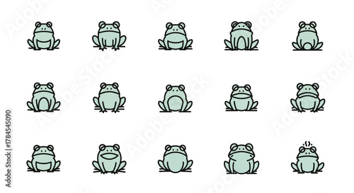 A grid of stylized frog illustrations, each with a different expression or posture. The frogs are drawn with simple lines and muted colors, set against a plain white background