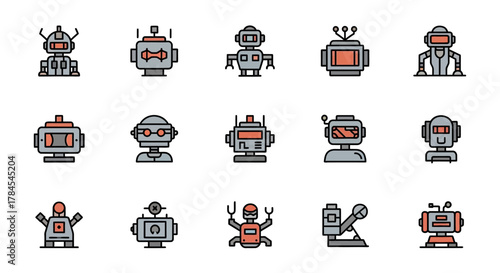 A collection of fifteen colorful, minimalist robot illustrations with various designs and features, presented against a white background. Each robot is distinct