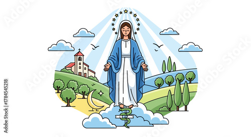 Schilderij op canvas Stylized vector illustration of the Holy Mother Mary appearing over a tranquil,