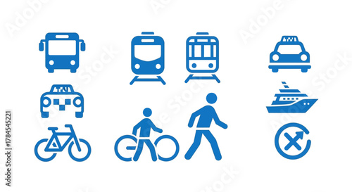 A collection of blue icons representing modes of transportation, including public transit, personal vehicles, and pedestrian activity, along with a "no entry" sign