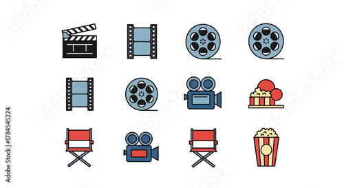 Vector icons representing elements of the film industry, including clapperboard, film reels, cameras, director's chairs, and popcorn. Outlined, flat style, colorful