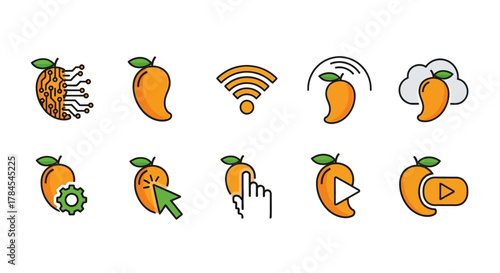 Colorful icon set featuring mango illustrations integrated with tech symbols like Wi-Fi, cloud, gear, and play buttons. Includes fruit representations with a circuit board, cursor, and hand clicker
