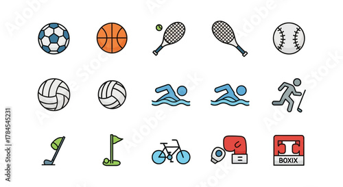 Colorful, cartoon-style icons depicting various sports and recreational activities. Featuring balls, rackets, swimming figures, a golfer, cyclist, boxing gear, and a "boxix" sign