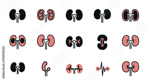 Collection of stylized illustrations depicting kidneys, variations in color and outline, with or without internal details, and some with a heartbeat pulse symbol