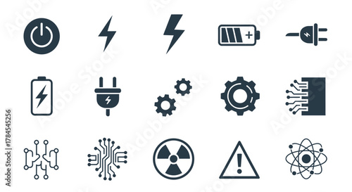 A collection of minimalist, dark blue icons representing power, energy, technology, and warnings on a white background. Includes lightning bolts, batteries, circuits, cogs, a plug, and a hazard symbol