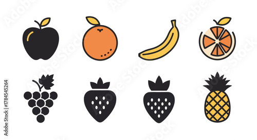 Colorful, stylized illustrations of various fruits, including an apple, orange, banana, grape, strawberry, orange slice, and pineapple, all with a simple, clean design