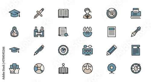A collection of 24 flat-design icons, mainly blue, beige, and black.  Representing education, science, data and concepts. Includes books, pencils, targets, diagrams, lab flasks and a person