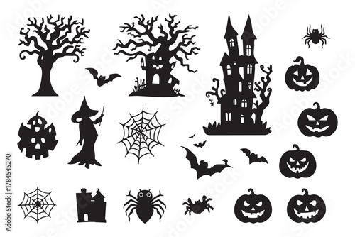 vector set halloween silhouette featuring spooky trees, haunted houses, carved pumpkin faces, spider webs, bats, and pumpkin shapes. Halloween icon. Halloween icon set.