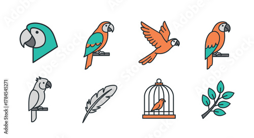 A collection of stylized, colorful parrot illustrations. Depicted are parrot heads, birds perched on branches, a bird in flight, a feather, a cage, and a sprig with leaves. Graphic, flat design