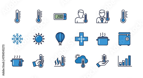 Collection of blue icons including thermometers, a sun, a snowflake, a hot air balloon, and more. Medical and environmental themes are presented in a simple, graphic style with clean lines