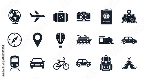 Collection of stylized travel icons, including transportation vehicles, navigational tools, and travel essentials. Various modes of transport and travel symbols