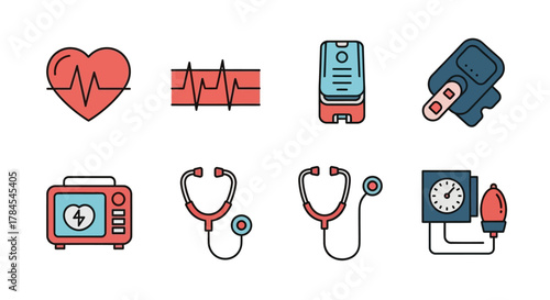 A collection of simple, colorful icons representing medical equipment and diagnostic tools. Included are heart diagrams, medical instruments, and devices for vital sign assessment