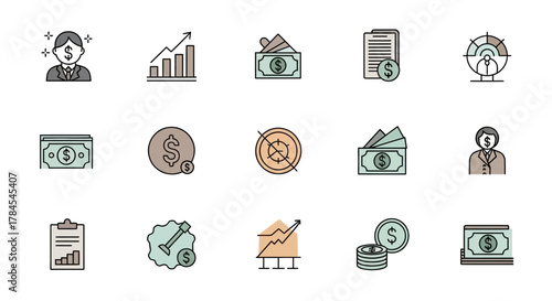 A collection of fifteen colorful, minimalist icons related to finance and business, featuring dollar signs, charts, currency, and business people