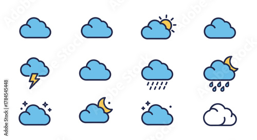 Collection of weather icons, featuring a variety of cloud formations with sun, rain, lightning, stars, and moon details. Simple, colorful, and clearly defined