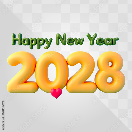 "Happy New Year 2028" in green text above inflated, yellow numerals