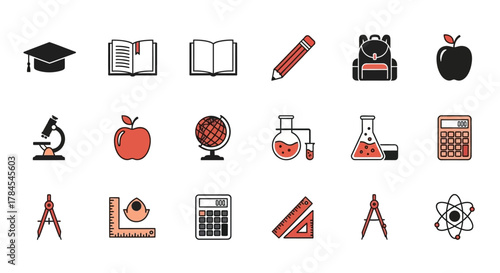 Collection of flat-design illustrations featuring educational symbols and tools, including a graduation cap, books, pencil, backpack, apple, microscope, and science equipment