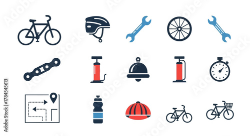 Vector graphic icons related to cycling, depicting bicycle, helmet, tools, wheels, chain, pump, bell, stopwatch, map, bottle, and hat. Several icons are in blue and red