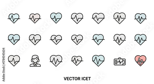 A collection of stylized, heart-shaped icons with internal waveform graphics, interspersed with a woman's face and a medical bag, all in a flat design style. The bottom text reads 'VECTOR ICET.'