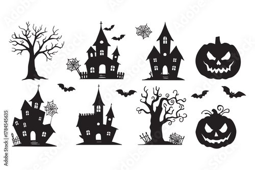 vector set halloween silhouette featuring spooky trees, haunted houses, carved pumpkin faces, spider webs, bats, and pumpkin shapes. Halloween icon. Halloween icon set.