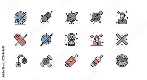 Collection of flat, colorful icons depict space travel concepts planets, spacecraft, satellites, and astronauts, with additional decorative elements like stars and crosses