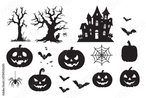 vector set halloween silhouette featuring spooky trees, haunted houses, carved pumpkin faces, spider webs, bats, and pumpkin shapes. Halloween icon. Halloween icon set.