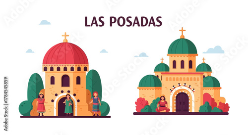 Las Posadas Celebration Houses with Attendees in Festive Illustration