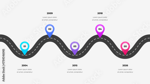 Curved Winding Road Infographic Vector. Gradient Timeline Path with Pointers and Years for Business Progress and Planning