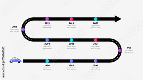 Loop Roadmap Infographic with Car and Milestones. Vector Curved Path Timeline for Business Growth, Planning, and Success Journey