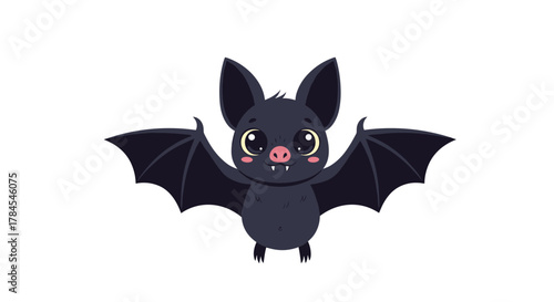 A cute cartoon bat with wide wings spread open, looking adorable and friendly with big expressive eyes and small pink cheeks, against a plain white background.
