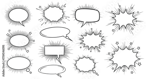 Collection of diverse comic book style speech bubbles and explosion shapes for creative design.