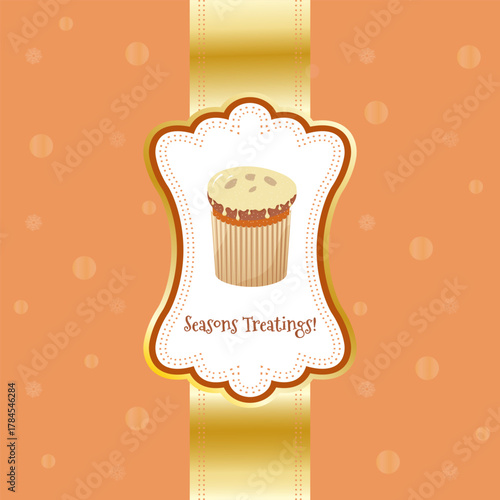 Elegant Christmas card design on vibrant orange background with delicate gold snowflakes, ribbon and a vintage-style label showing Italian panettone. Vector template with text space