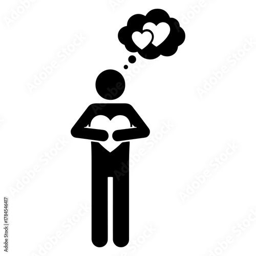 Stick figure holding a heart thinking of love simple vector icon for expressing affection and relationships