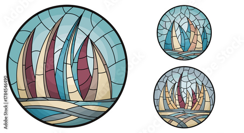 A vibrant mosaic depicting several sailboats with colorful sails on a bright blue sea under a light sky.