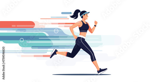 A fit woman in athletic wear running with speed and determination on a white background.