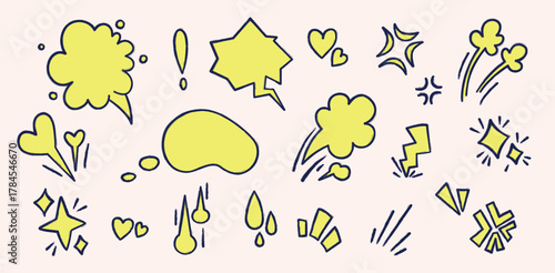 Collection of conversational graphic elements in manga, anime motifs. Set of speech bubbles, thought clouds, cartoon emotional effects such as stars, hearts, pulses. Chalk drawing, vector illustration