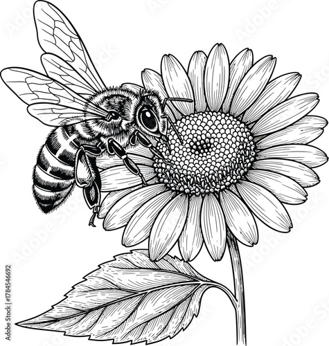 Detailed line art of a bee pollinating a daisy flower illustration eps silhouette