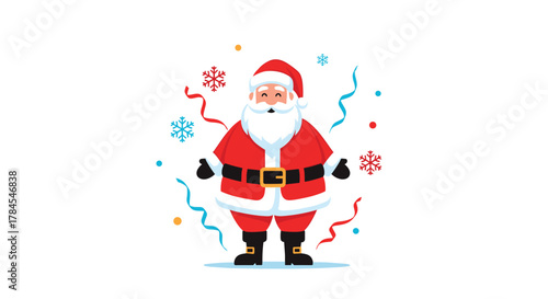 A cheerful pixel art santa claus is celebrating christmas with colorful confetti and snowflakes flying around him on a white background.