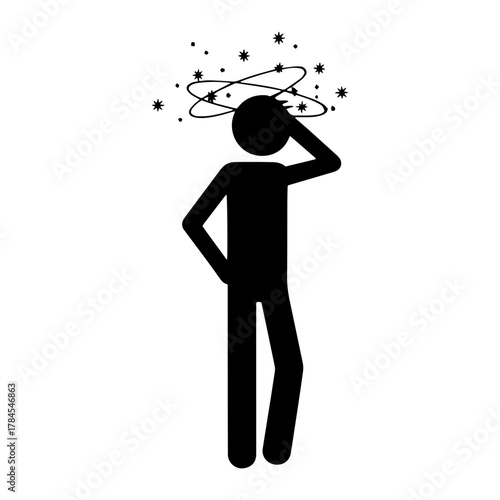 Dizzy stick figure with swirling stars simple black silhouette representing dizziness confusion or illness
