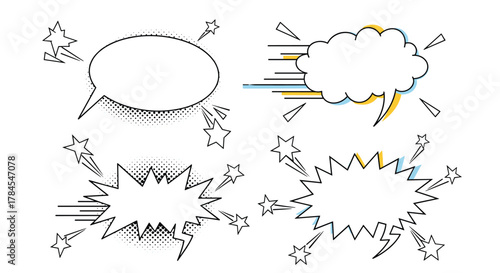 A collection of diverse speech bubble illustrations with dynamic explosive elements.