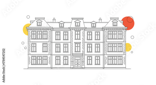 Detailed architectural drawing of a grand residential building showcasing its symmetrical facade and numerous windows.