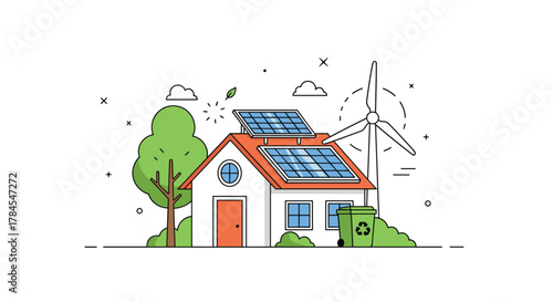 Sustainable home energy solutions featuring solar panels and wind turbines on a green landscape.