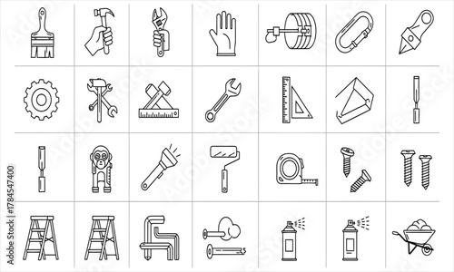 Collection of assorted handyman tools and DIY equipment for home improvement and repair tasks