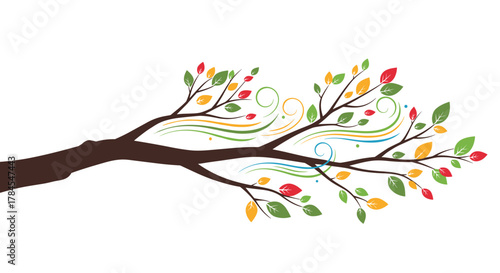 A vibrant tree branch with colorful leaves and swirling winds during the autumn season.