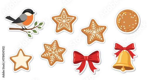A collection of festive Christmas themed baked goods and holiday decorations on a white background.