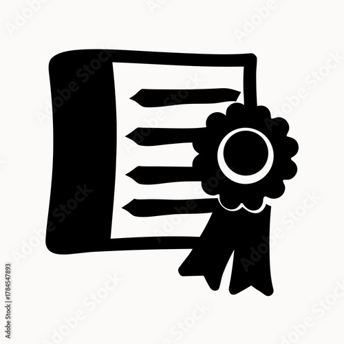 Illustration of a document with lines and a rosette with ribbons in solid black color scheme