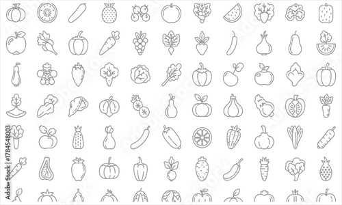 Extensive Bundle of Scalable Outline Vector Icons Representing a Diverse Array of Healthy Fruits and Fresh Vegetables, Ideal for Modern Digital Projects and Web Design Applications